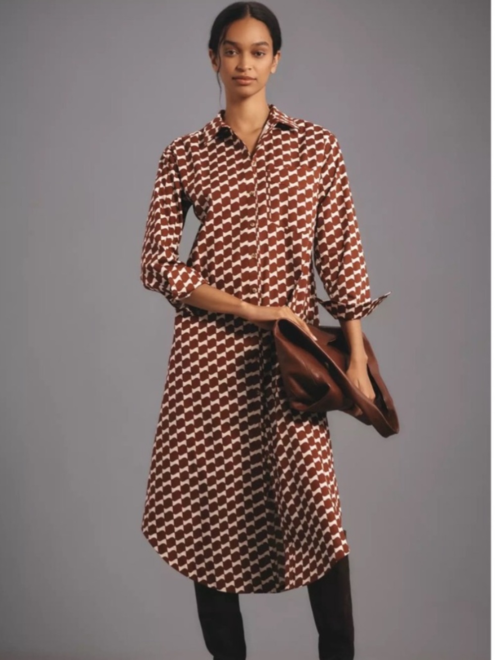 Anthropologie Maeve The Soren Checkered Retro Orange Motif Shirt Dress